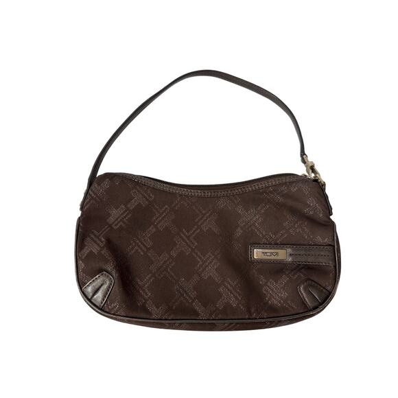 Tumi Leather Canvas Mini Handbag Brown Logo Zipper Close Luxury Travel Designer - Picture 1 of 12
